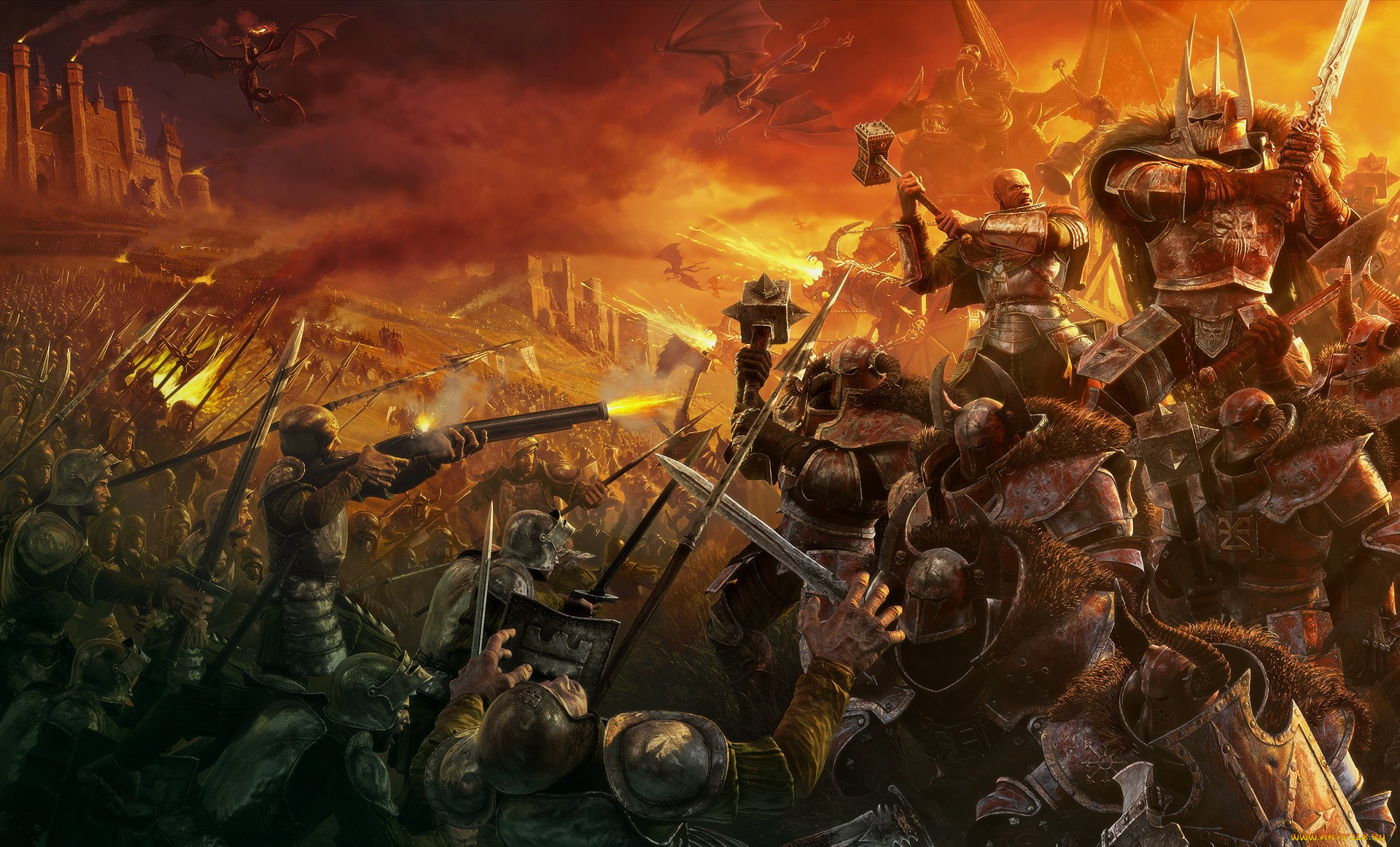видео игры, warhammer, mark of chaos, битва, замок, драконы.
